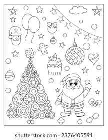Farbseite eines verzierten Weihnachtsbaums, Shanta Claus, Ball, Glocke, Schneemann und Geschenke. Vektorgrafik, schwarz-weiß, auf weißem Hintergrund.