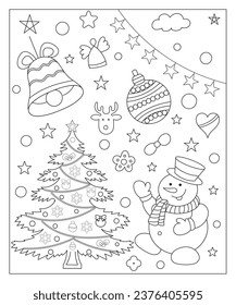 Coloring page of a decorated Christmas tree, Shanta Claus, ball, bell, snowman and gifts. Vector black and white illustration on white background.