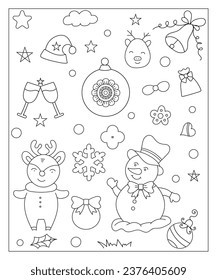 Farbseite eines verzierten Weihnachtsbaums, Shanta Claus, Ball, Glocke, Schneemann und Geschenke. Vektorgrafik, schwarz-weiß, auf weißem Hintergrund.