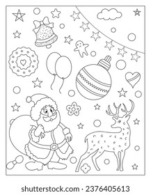 Coloring page of a decorated Christmas tree, Shanta Claus, ball, bell, snowman and gifts. Vector black and white illustration on white background.