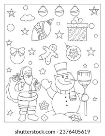 Página de coloreado de un árbol de Navidad decorado, Shanta Claus, bola, campana, muñeco de nieve y regalos. Ilustración vectorial en blanco y negro sobre fondo blanco.