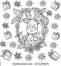 coloring page deer christmas wreath berries outline black and white illustration vector new year picture