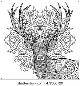 Coloring page with deer in forest. Coloring book for adult and older children. Vector illustration. Outline drawing. 