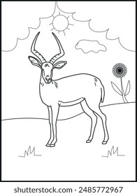 Coloring page with deer in forest. Kids colorin page