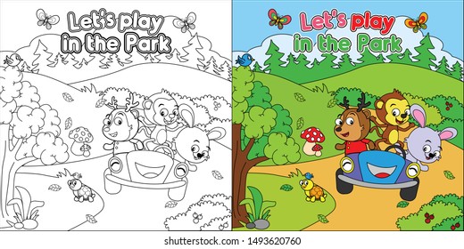 coloring page deer monkey rabbit cartoon animal riding car play in the park