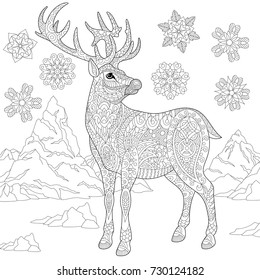 Coloring page of deer (reindeer) and winter snowflakes. Freehand sketch drawing for adult antistress coloring book in zentangle style with doodle elements.