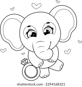 Coloring page. Delicate elephant with a diamond ring