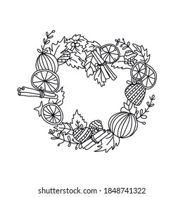 Coloring page design for adults and children with a picture of a Christmas wreath, oranges, cinnamon, leaves and more. Vector illustration.