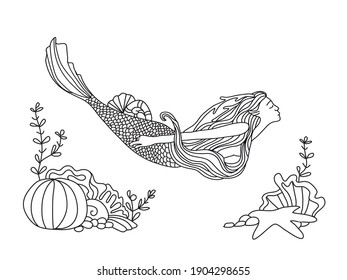 Coloring page design for children with a picture of a mermaid swimming undersea, hand drawn line vector illustration . 