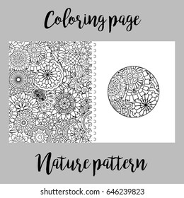 Coloring page design for print with nature pattern, vector illustration