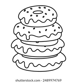 A coloring page with a black-and-white line design of a stack of donuts.