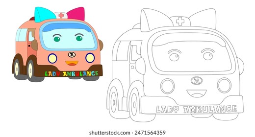 Dibujo para colorear. Desarrollo y educación. Ambulancia.  Ilustración.