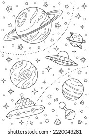 Coloring page with different planets, alien spaceships and stars. Black and white outline illustration isolated on a white background. Far space. Vector design template for kids coloring book, poster 