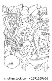 Coloring page. Different types of sports. Sport equipment. Education worksheet for kids. Hand drawn vector.
