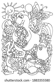 Coloring page. A dinosaur, bunnies and a duck dancing with Easter eggs in the meadow. Hand drawn vector.