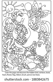 Coloring page. Dinosaur with bunnies and duck in the meadow dancing with Easter eggs. Find the hidden objects. Puzzle for kids. Spring Game. Hand drawn vector illustration