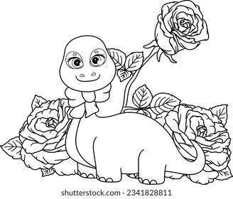 Coloring page. Dinosaur and Roses