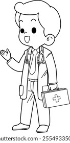 Coloring page of a doctor holding a medical emergency bag vector isolated on white background.