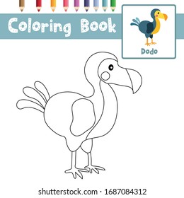 Coloring page of Dodo bird animals cartoon character for preschool kids activity educational worksheet. Vector Illustration.