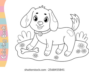 Coloring page dog in a clearing with a bone. Coloring book. Coloring page. Vector illustration.