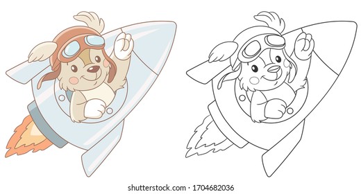 Coloring page and dog flying spaceship  Cartoon animal  Clipart set for nursery poster  t shirt print  kids apparel  greeting card  label  patch sticker  Vector illustration 