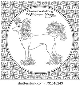Coloring page with dog on background with traditional chinese patterned