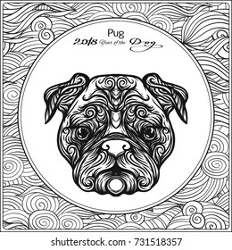 Coloring page with dog on background with traditional chinese patterned