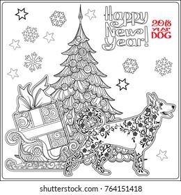 Coloring page for with a dog with sledge full of gift boxes next to the Christmas tree with background with snowflakes.  Outline drawing.
 Stock vector illustration.