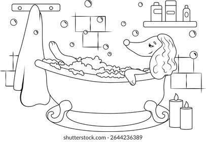 Coloring page with a dog taking a bath