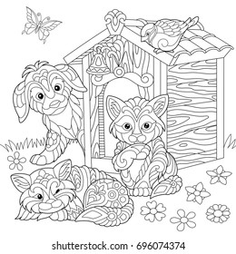 Coloring page of dog, two cats, sparrow bird and butterfly. Freehand sketch drawing for adult antistress coloring book in zentangle style.