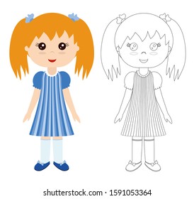 Coloring page doll girl. Activities for children.  Drawing kids activity. Children activity page to educate preschool kids