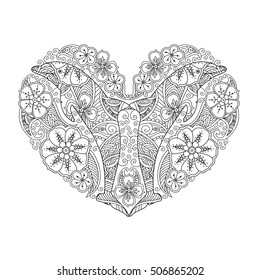 Coloring page with dolphin in heart shape isolated on white background. Coloring book for adult and older children. Editable vector illustration.