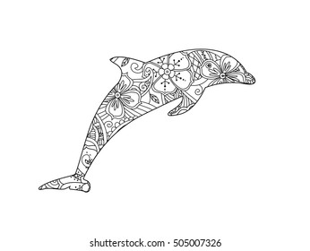 Coloring page with dolphin isolated on white background. oloring book for adult and older children. Editable vector illustration.