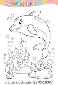 Coloring page dolphin swims among algae and corals. Dolphin. Coloring book. Coloring page. Vector illustration.