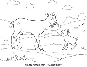 Coloring page with domestic animals. Goat Mother Baby.  Digital drawing with goat. Farm Animals