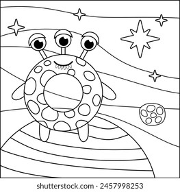 Coloring page. Donut alien in space. Black and white space monster. Color me. Isolated vector illustration eps 10