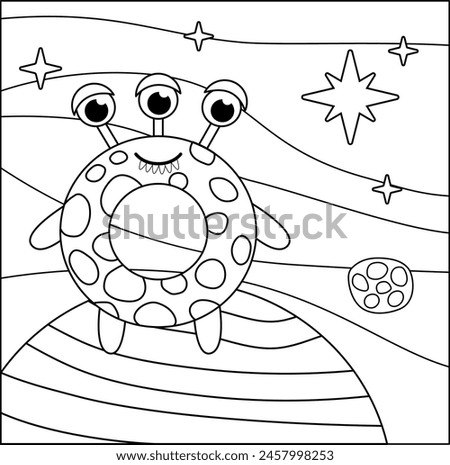 Coloring page. Donut alien in space. Black and white space monster. Color me. Isolated vector illustration eps 10