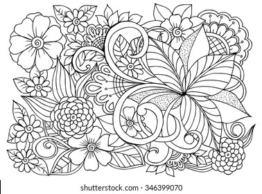 Coloring page with doodle flowers