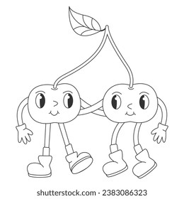 Coloring Page with Doodle Funny Retro Groovy Cartoon Hippie Berry Character. Comic Cherries hugging each other. Groovy Summer Vector Illustration. 90s Sweet Juicy Fresh Fruits