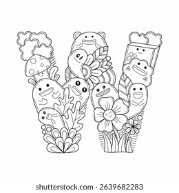 Coloring page with doodle style alphabet, doodle abc
