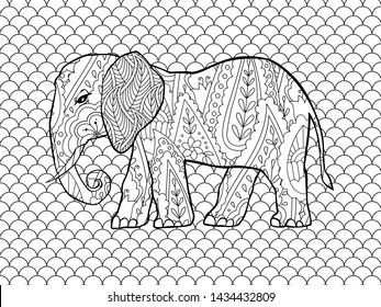 Coloring page with doodle style elephant in zentangle inspired style. Coloring book for adult and older children. Editable vector illustration.