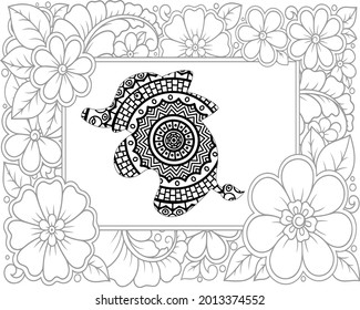 Página de color con elefante de estilo doodle en un estilo inspirado en el zentángulo. Libro de Colores para adultos y niños mayores. Ilustración vectorial editable.