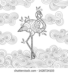 Coloring page with doodle style flamingo in the river. Coloring book for adult and older children. Editable vector illustration.