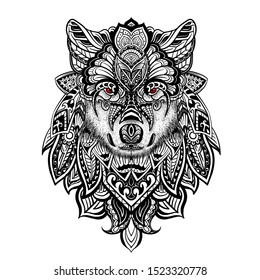 Coloring page with doodle style wolf head on the meadow in zentangle inspired style. Coloring book for adult and older children. Editable vector illustration.