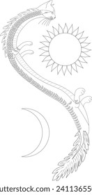 Coloring page dragon with a cat's head. Flying dragon cat. Vector illustration.