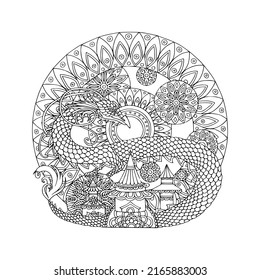 Coloring page with a dragon. Vector illustration in a line style