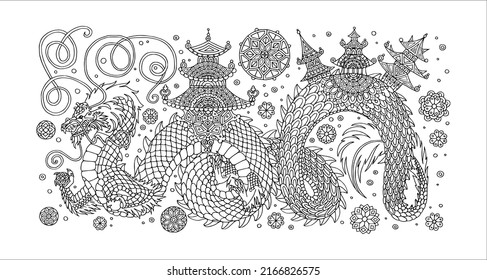 Coloring page with a dragon. Vector illustration in a line style