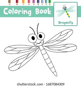 Coloring page of Dragonfly animals cartoon character for preschool kids activity educational worksheet. Vector Illustration.