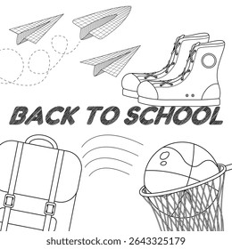 Página colorida com desenho de volta ao conceito da escola com tênis, mochila, basquete aros, aviões de papel e texto de giz. Para entreter a atividade das crianças, educação design preto e branco, e DIY.