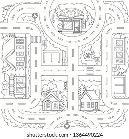 Coloring page with drawing city road and building. Kids art game and activity page. Find the right path. Funny riddle. Education worksheet. Vector illustration.